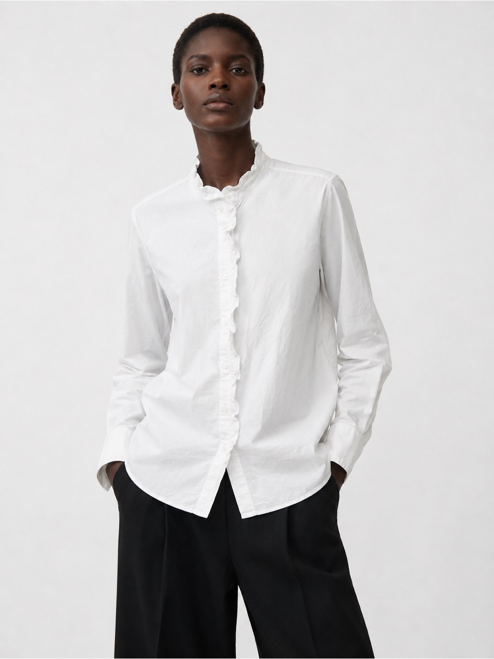 Gap White Long Sleeve Shirt with Front Ruffle